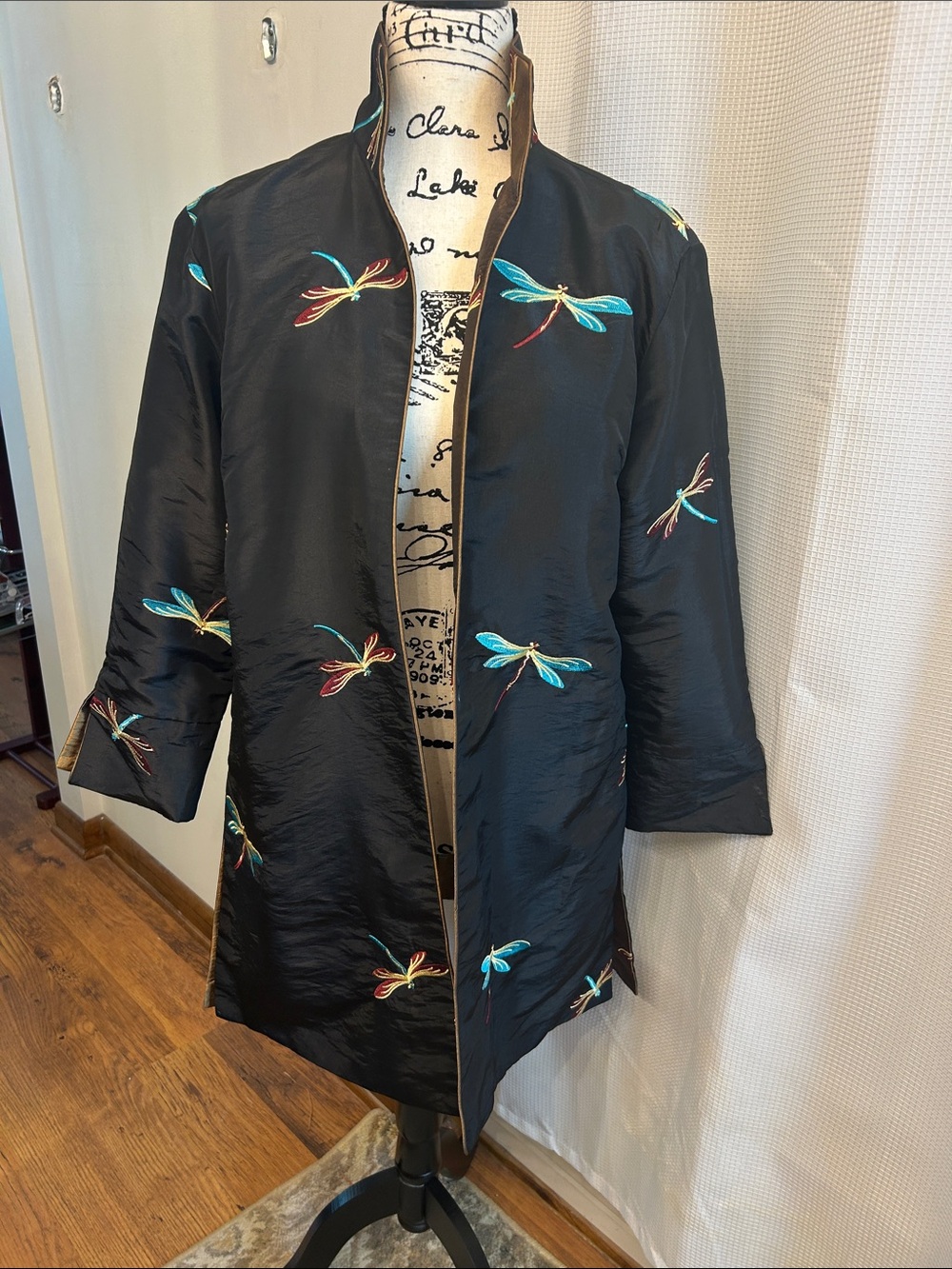 Reversed Embroidered Dragonfly Black/Golden Olive Satin Jacket, Med Oriental